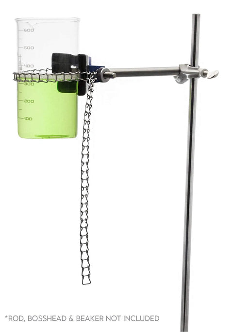 Heavy Duty Lab Clamp With Vinyl Coated Chain And Stainless Steel Rod 8 Inch Jaw holding a beaker, ideal for lab use