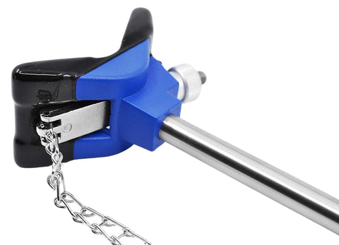 Side view of Heavy Duty Lab Clamp with Vinyl Coated Chain and Stainless Steel Rod, zinc die cast, 8 inch jaw.