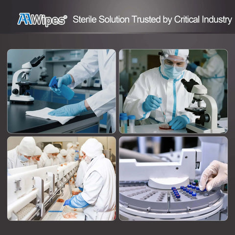 Scientists using Sterile Cleanroom Nonwoven Wipes 6x6 Inches, Bag Of 300 Pcs For Lab Use, Hydro Entangled Fifty Five Percent Cellulose Forty Five Percent Polyester Blend, AAWipes NW06809GM in laboratory settings