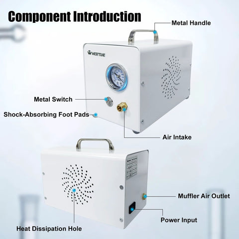 Lab Diaphragm Vacuum Pump For Filtration, Portable And Oil Free Oilless Design with metal handle, switch, and muffler air outlet.