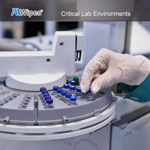 Gloved hand in lab using equipment, highlighting Sterile Cleanroom Nonwoven Wipes 6x6 Inches, Bag Of 300 Pcs For Lab Use, Hydro Entangled Fifty Five Percent Cellulose Forty Five Percent Polyester Blend, Pro Grade Absorbent And Durable Wipers For Delicate Surfaces, AAWipes NW06809GM.