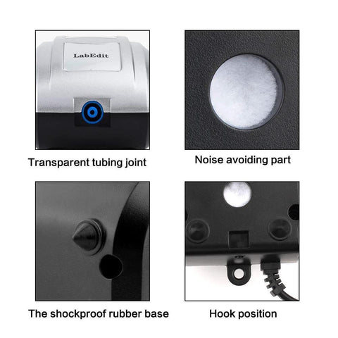 Reliable Lab Filtration Pump For Quick Vacuum Filtration In The Lab ToyBasics Silent Vacuum Pump features close-ups of tubing joint, noise part, rubber base, hook position.