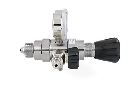 Side view of Lab Grade Specialty Gas Regulator CGA 590 Two Stage Chrome Plated 0 To 125 Psi Brass Dual Scale Gauges