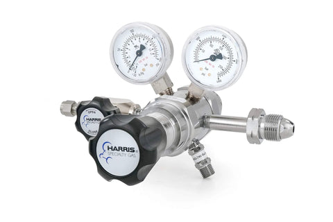 Lab Grade Specialty Gas Regulator CGA 590 Two Stage Chrome Plated KH1102 shown with dual scale gauges and stainless steel diaphragm.