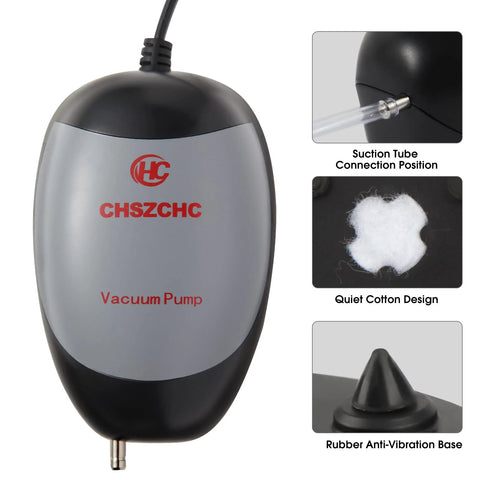 Lab Vacuum Filtration Pump For Fast Liquid Filtration with rust-proof plastic housing, anti-vibration base, quick setup details shown