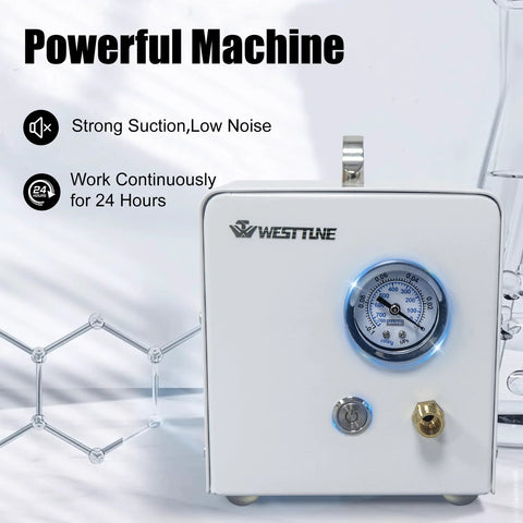 Lab Diaphragm Vacuum Pump For Filtration, Portable And Oil Free Oilless Design, front view with gauge display, West Tune