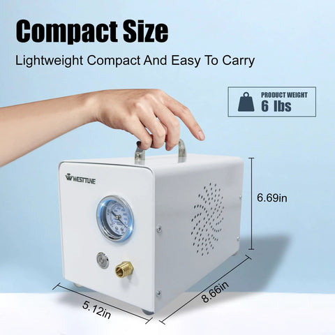 Side view of Lab Diaphragm Vacuum Pump For Filtration, Portable And Oil Free Oilless Design, showcasing dimensions and compact handle.
