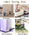 Labor Saving Arm 2PC lifting tool demonstrating use for door, wood, refrigerator, and heavy objects in various settings.