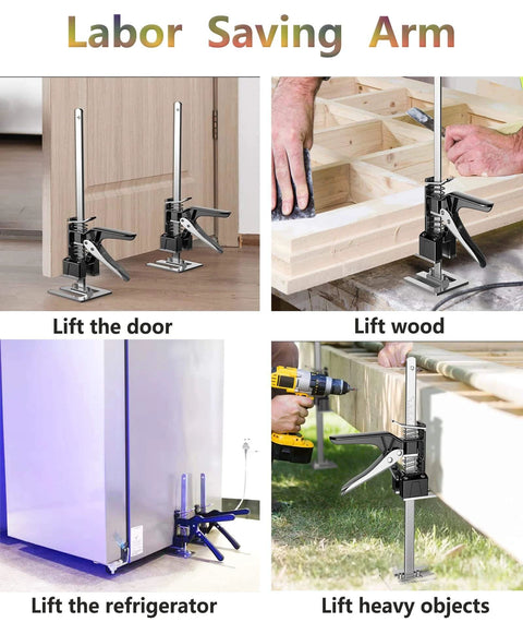 Labor Saving Arm 2PC lifting tool demonstrating use for door, wood, refrigerator, and heavy objects in various settings.