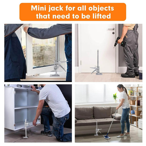 Labor Saving Arm Jack 2 Pack, Hand Lifting Jack Tool being used for installing doors, windows, cabinets, and lifting furniture in a home setting.