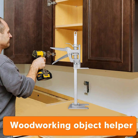 Labor Saving Arm Jack 2 Pack, Hand Lifting Jack Tool in use for installing a cabinet in woodworking project.