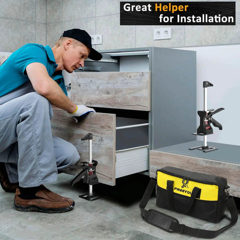 Installer using ✝️ Labor Saving Arm Jack(2 Pcs),Height Lifting Device with Portable Bag for cabinet setup, showing smooth motion.