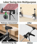Multipurpose Labor Saving Arm tools for thickness measurement, lifting, woodworking, and adjusting, displayed on various surfaces.