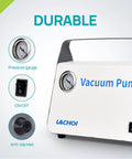 Oil Free Lab Vacuum Pump Diaphragm Filtration System Lachoi Portable 15 L Per Min Flow Rate with pressure gauge, on/off switch, and anti-slip mat