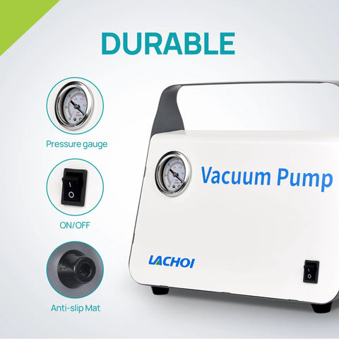 Oil Free Lab Vacuum Pump Diaphragm Filtration System Lachoi Portable 15 L Per Min Flow Rate with pressure gauge, on/off switch, and anti-slip mat