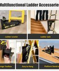 Multifunctional ladder accessories including stable platform ladder leveler for extension ladders with built in storage.