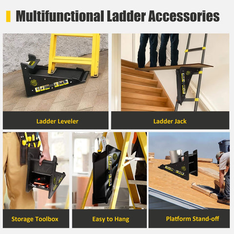 Multifunctional ladder accessories including stable platform ladder leveler for extension ladders with built in storage.