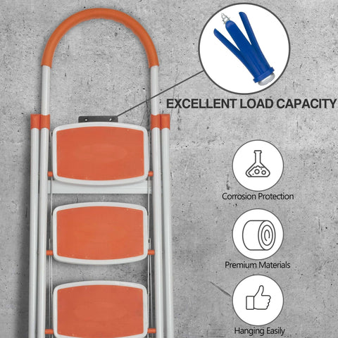 Folding orange ladder with galvanized wall anchors, showcasing excellent load capacity for secure installation.