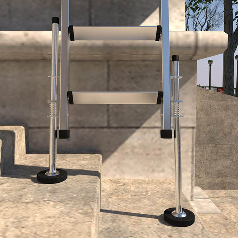 Ladder Levelers For Type II I And IA Extension Ladders Up To 32 Feet With Anti Slip Threaded Adjustable Legs, installed on stairs
