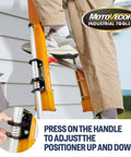 Person using an Adjustable Ladder Leveler With Anti Slip Rubber Feet For Stable Extension Ladders Universal Stair Stabilizer Rust Proof Design Heavy Duty Leveling Feet Safe Easy Positioning On Any Job Site