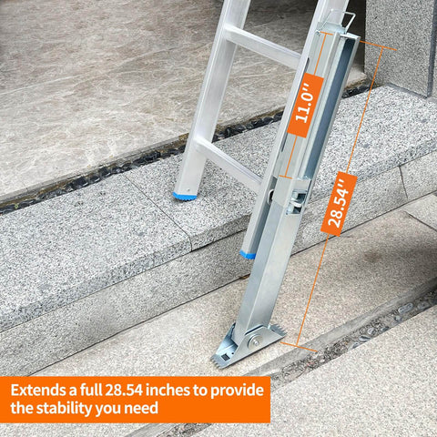 Ladder Leveler Pair For Extension Ladders, Adjustable Ground Levelers With Anti Slip Pattern Steel Poles, shown installed