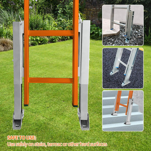 Ladder Leveler Pair For Extension Ladders, Adjustable Ground Levelers With Anti Slip Pattern Steel Poles, shown on various surfaces.