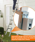 Ladder Leveler Pair For Extension Ladders attached to house, showing adjustable ground levelers and anti-slip steel poles.