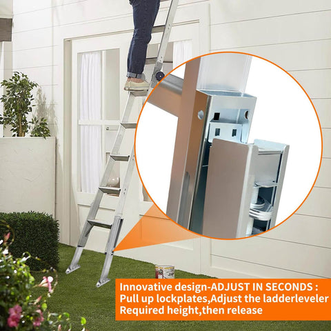 Ladder Leveler Pair For Extension Ladders attached to house, showing adjustable ground levelers and anti-slip steel poles.