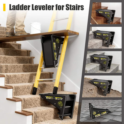 Stable Platform Ladder Leveler For Extension Ladders With Built In Storage, Beefy Black Plastic, Anti Slip Grip, Auto Lock On Uneven Surfaces