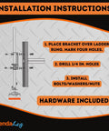 Installation instructions for Ladder Leveler With Rubber Feet For Extension Ladders Stabilizer Attachments, showing bracket setup.