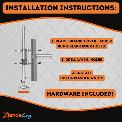 Installation instructions for Ladder Leveler With Rubber Feet For Extension Ladders Stabilizer Attachments, showing bracket setup.
