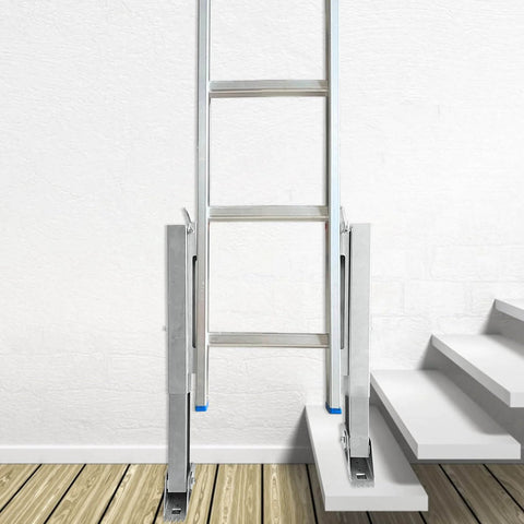 Ladder Leveler Pair For Extension Ladders installed on uneven wooden and stair surface, showing adjustable steel anti-slip pattern poles.
