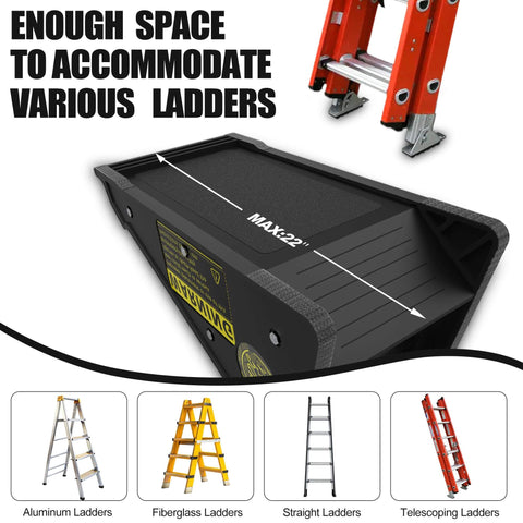 Stable Platform Ladder Leveler For Extension Ladders With Built In Storage, Beefy Black Plastic, Anti Slip Grip, Auto Lock On Uneven Surfaces