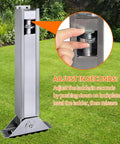 Close-up of adjustable ladder leveler pair for extension ladders with anti-slip pattern steel poles installed on grass.