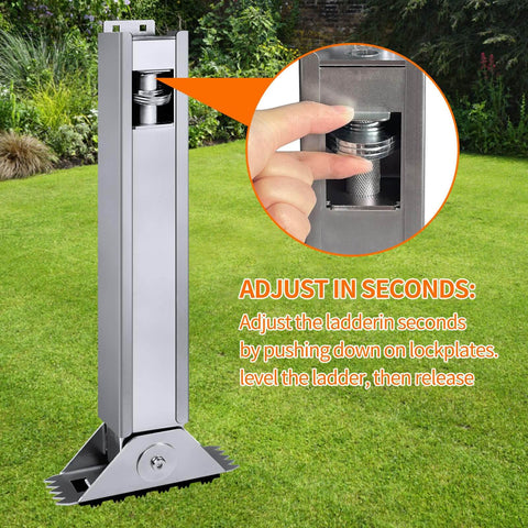 Close-up of adjustable ladder leveler pair for extension ladders with anti-slip pattern steel poles installed on grass.