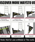 Stable Platform Ladder Leveler For Extension Ladders With Built In Storage shown in various uses on slopes and steps