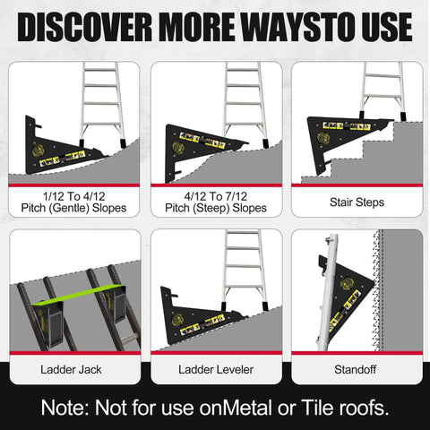 Stable Platform Ladder Leveler For Extension Ladders With Built In Storage shown in various uses on slopes and steps
