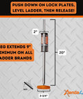 Ladder Leveler With Rubber Feet For Extension Ladders Stabilizer Attachments showing dimensions and lock mechanism.