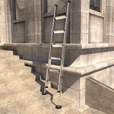 Ladder Levelers For Type II I And IA Extension Ladders Up To 32 Feet With Anti Slip Threaded Adjustable Legs installed on stairs