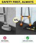 Comparison of ladder on uneven ground with and without Sturdy Ladder Leveler and Stabilizer for Stairs and Extension Ladders.