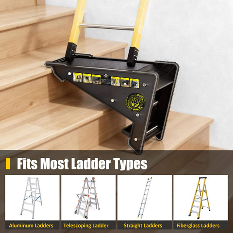 Sturdy Ladder Leveler And Stabilizer For Stairs And Extension Ladders With Built In Storage Easy To Use No Slip Ground Gripper Triangle Safety Design For Uneven Ground Keeps Ladders Level And Safe On Steps installed on stairs