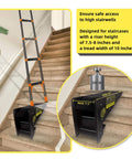 Sturdy Ladder Leveler And Stabilizer For Stairs And Extension Ladders With Built In Storage shown installed on carpeted stairs.