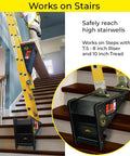 USA made 5-in-1 ladder stabilizer and leveler installed on stairs, showing functionality for uneven surfaces and improved safety.