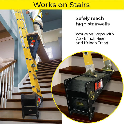 USA made 5-in-1 ladder stabilizer and leveler installed on stairs, showing functionality for uneven surfaces and improved safety.