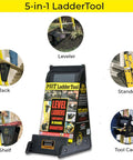 USA made 5-in-1 ladder stabilizer and leveler that also serves as a shelf, stand-off, and tool caddy, improving safety and access.