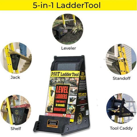 USA made 5-in-1 ladder stabilizer and leveler that also serves as a shelf, stand-off, and tool caddy, improving safety and access.