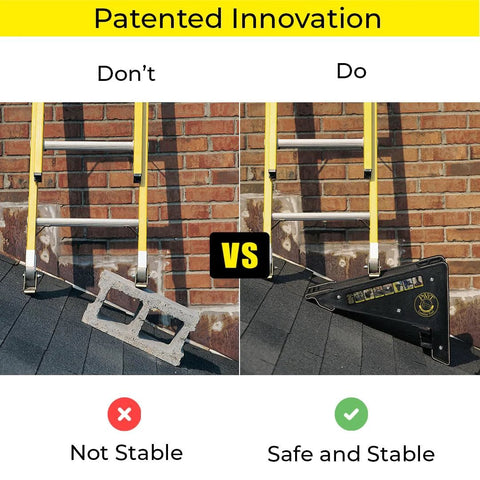 Comparison of ladder setups; left without stabilizer, right with USA made 5-in-1 ladder stabilizer and leveler, safer and stable on roof.