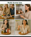 Image showing 11 inch carbonized bamboo lazy susan organizer with non slip base in various settings like cabinets and tables.