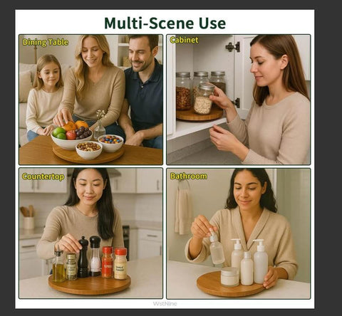 Image showing 11 inch carbonized bamboo lazy susan organizer with non slip base in various settings like cabinets and tables.