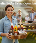 12 inch acacia wood lazy susan wooden turntable organizer in use, holding condiments outdoors for gathering.